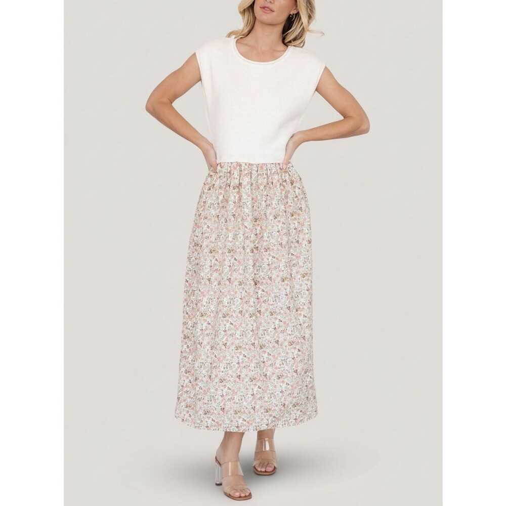 NWT Baltic Born Myra Sweater Midi Dress Sz Small Ivory Coral Floral Knit Pockets